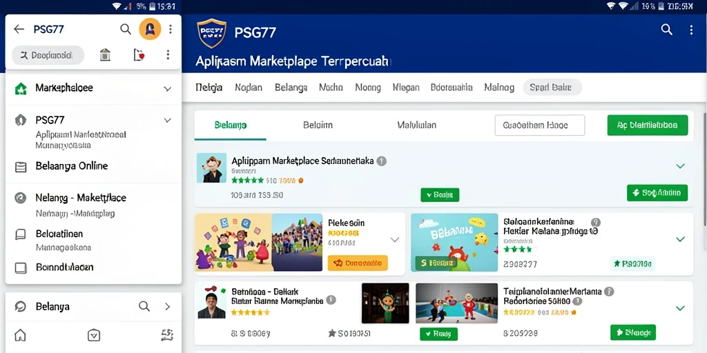 Screenshot antarmuka utama PSG77, menampilkan fitur Marketplace yang lengkap.